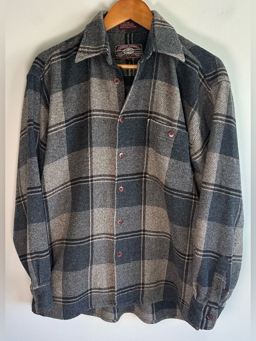 Vintage 70s/80s Check Mark Button Down Shirt Men’s M Flannel Plaid Wool Blend